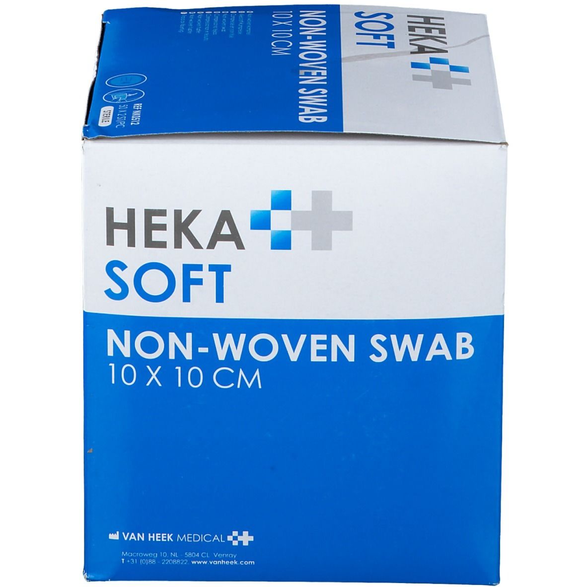 Boîte HEKA SOFT Non-Woven Swab 10 x 10 cm. Blanc et bleu. Texte et logo sur le devant. Avec marquage CE.