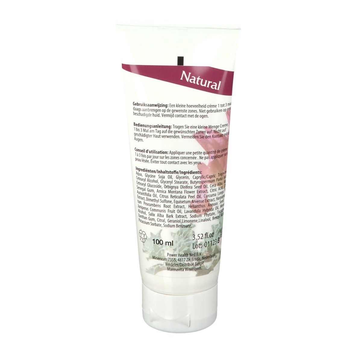 Verpakking en tube activ PR-10 Crème. Beide met bloemenmotief en meertalige tekst.