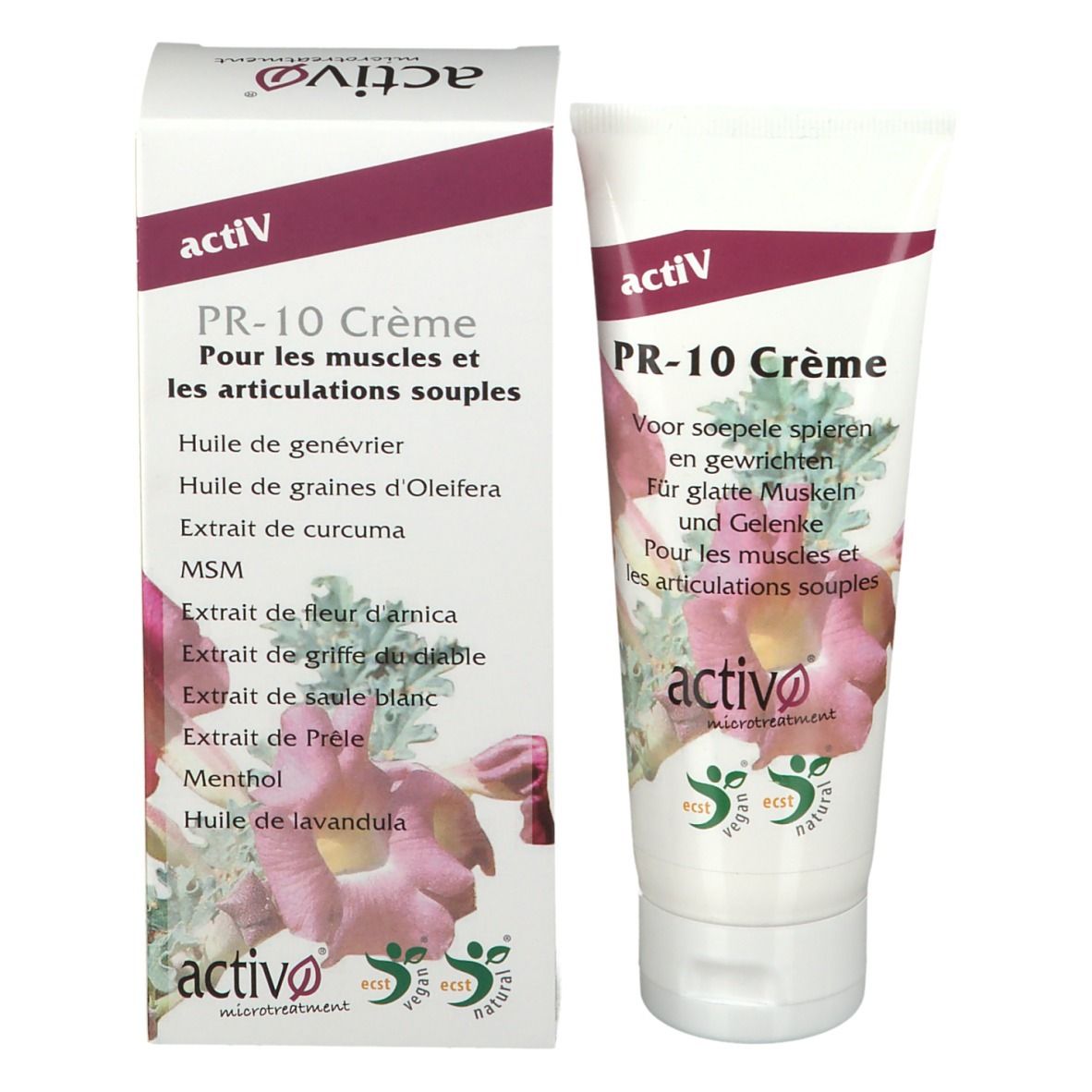 Verpakking activ PR-10 Crème. Wit met paarse accenten. Meertalige tekst en bloemenmotief.