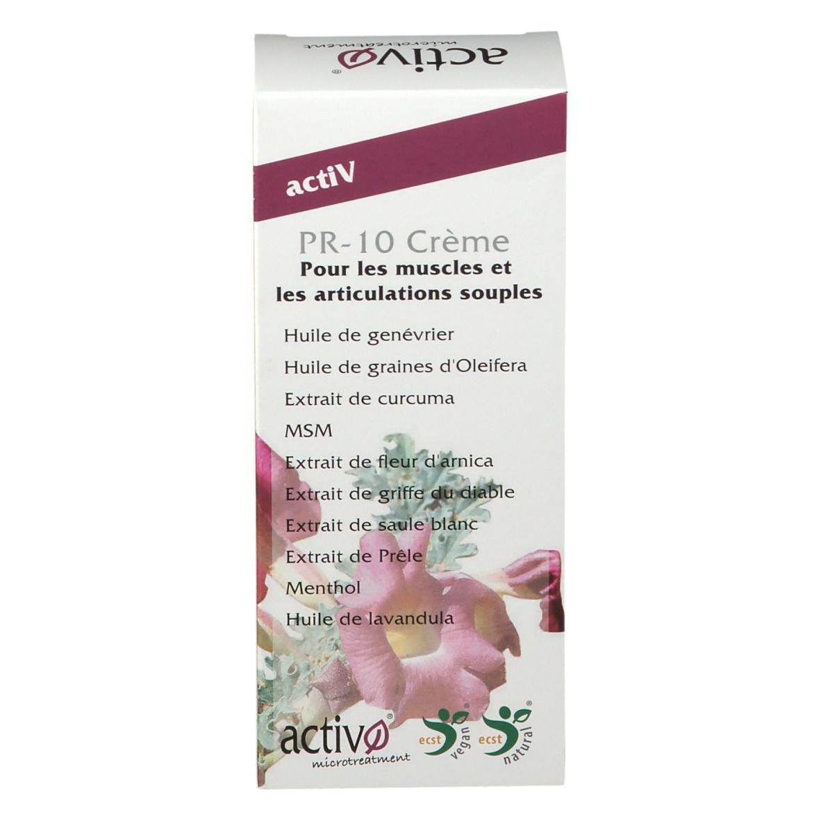 Achterkant van de verpakking activ PR-10 Crème. Tekst in meerdere talen. Ingrediënten en gebruiksaanwijzing.