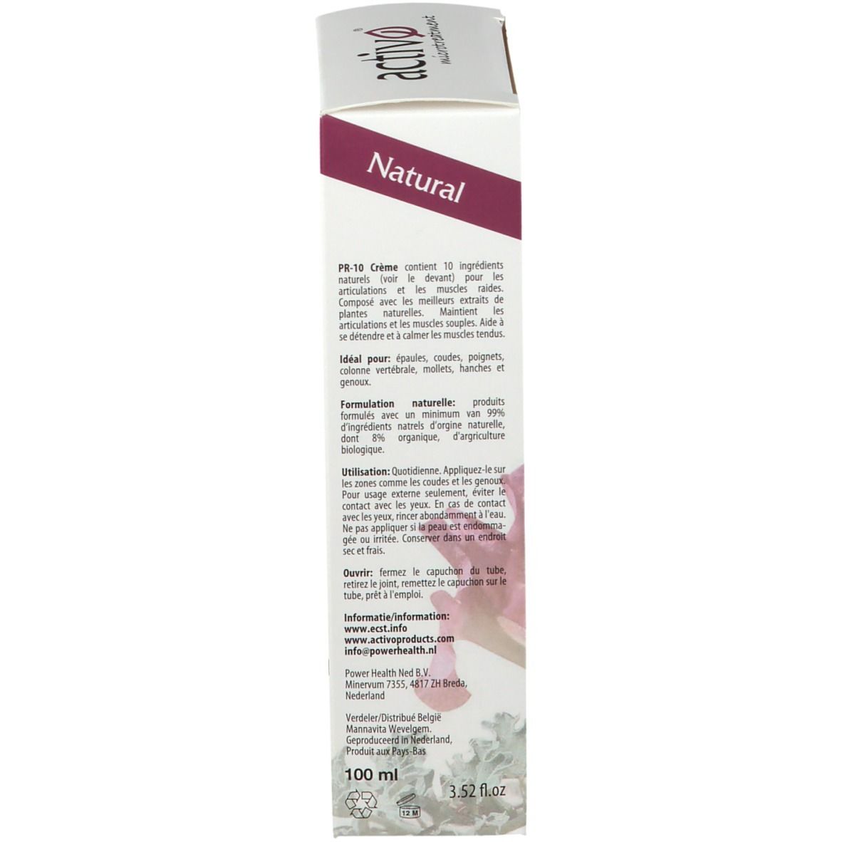 Zijkant van de verpakking activ PR-10 Crème. Tekst in meerdere talen. Ingrediënten en gebruiksaanwijzing.