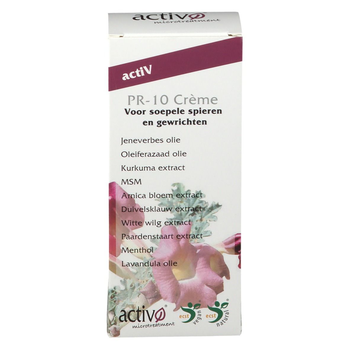Zijkant van de verpakking activ PR-10 Crème. Tekst in meerdere talen. Ingrediënten en gebruiksaanwijzing.