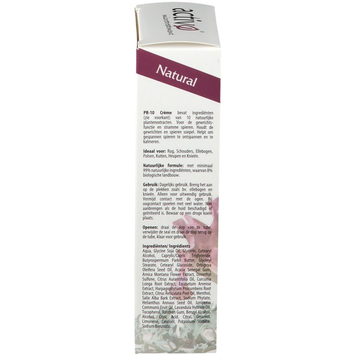 Zijkant van de verpakking activ PR-10 Crème. Tekst in meerdere talen. Ingrediënten en gebruiksaanwijzing.