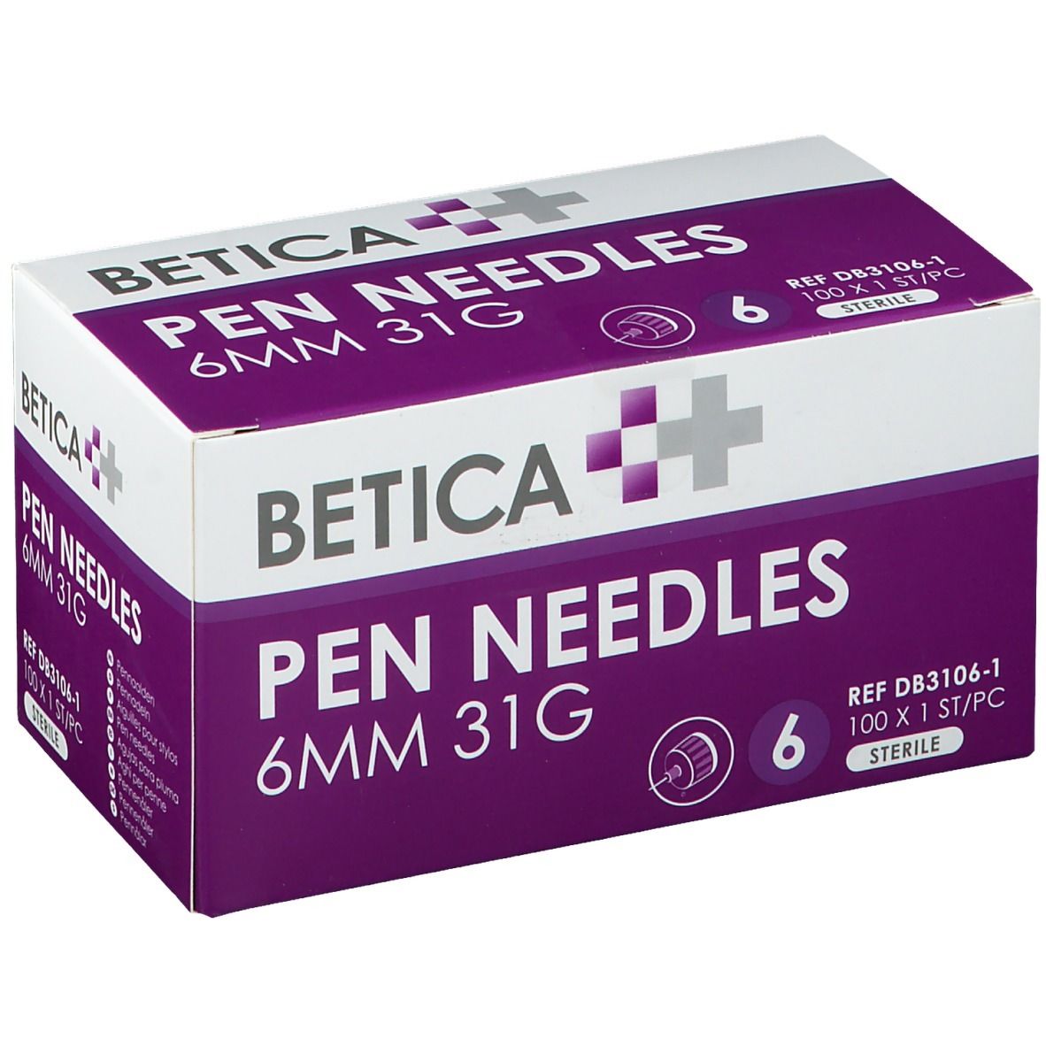 Verpakking Betica Pen Needles, 6 mm 31G, 6 stuks. Paars-witte doos met productinformatie.