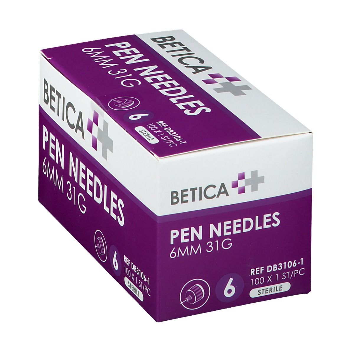 Schuin geplaatste verpakking Betica Pen Needles. Opschrift: 6 mm 31G, 6 stuks. Paars-witte doos.