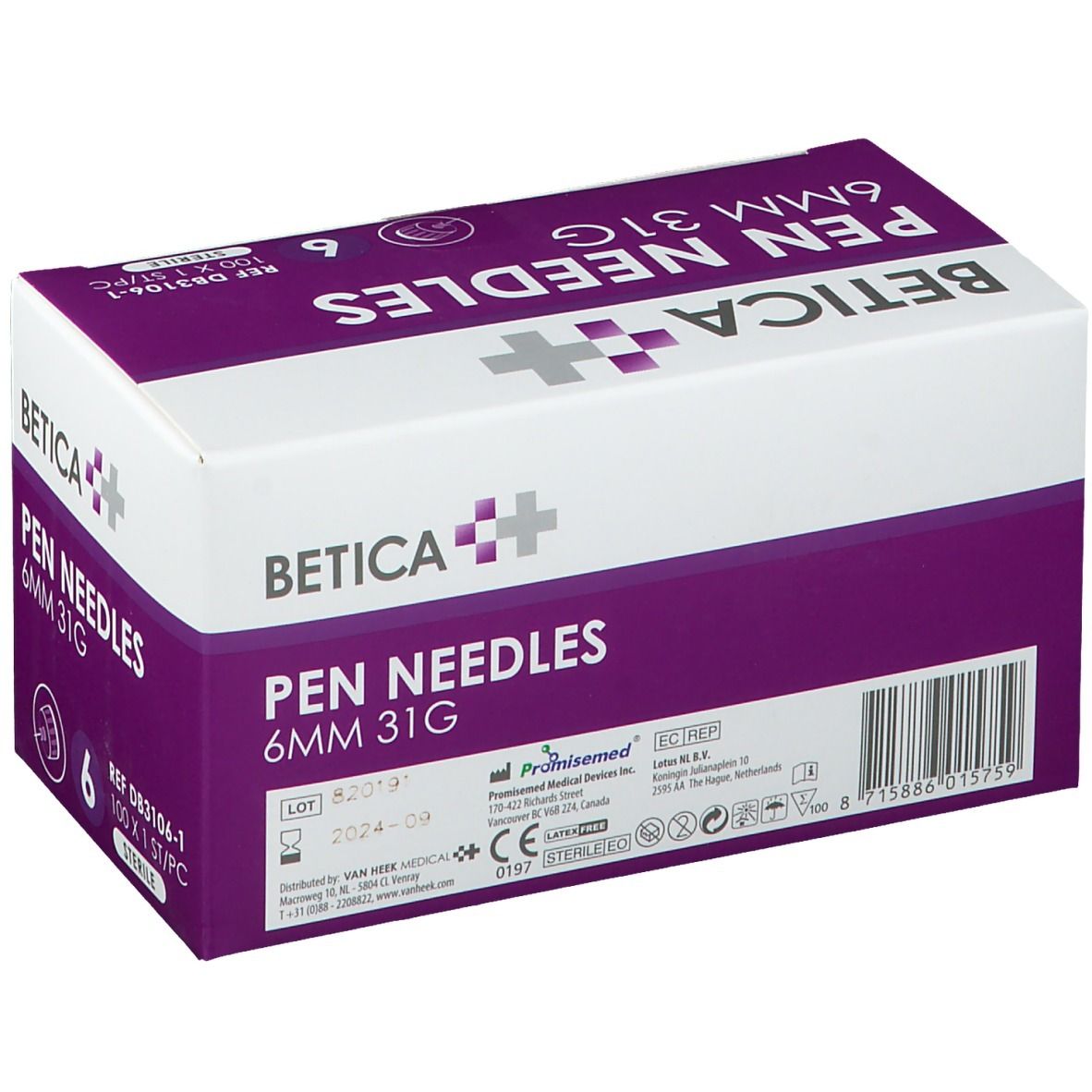 Verpakking Betica Pen Needles. Opschrift: 6 mm 31G, 6 stuks. Bevat informatie en certificeringen.