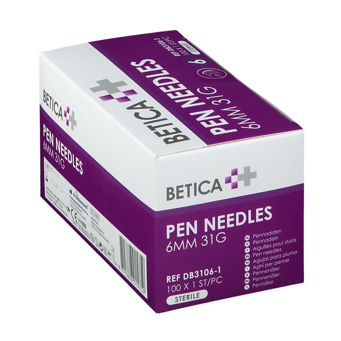 Schuin geplaatste verpakking Betica Pen Needles. Opschrift: 6 mm 31G, 6 stuks. Paars-witte doos.