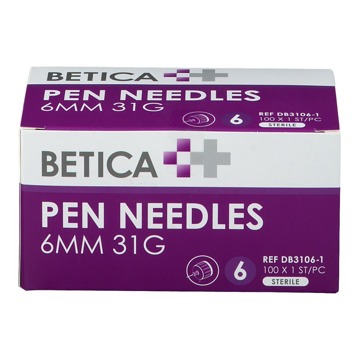 Verpakking Betica Pen Needles. Opschrift: 6 mm 31G, 6 stuks. Paars-witte doos met productinformatie.