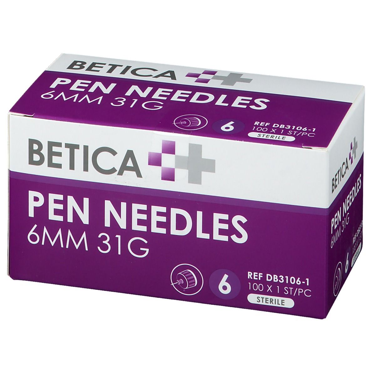 Verpakking Betica Pen Needles. Opschrift: 6 mm 31G, 6 stuks. Paars-witte doos met productinformatie.