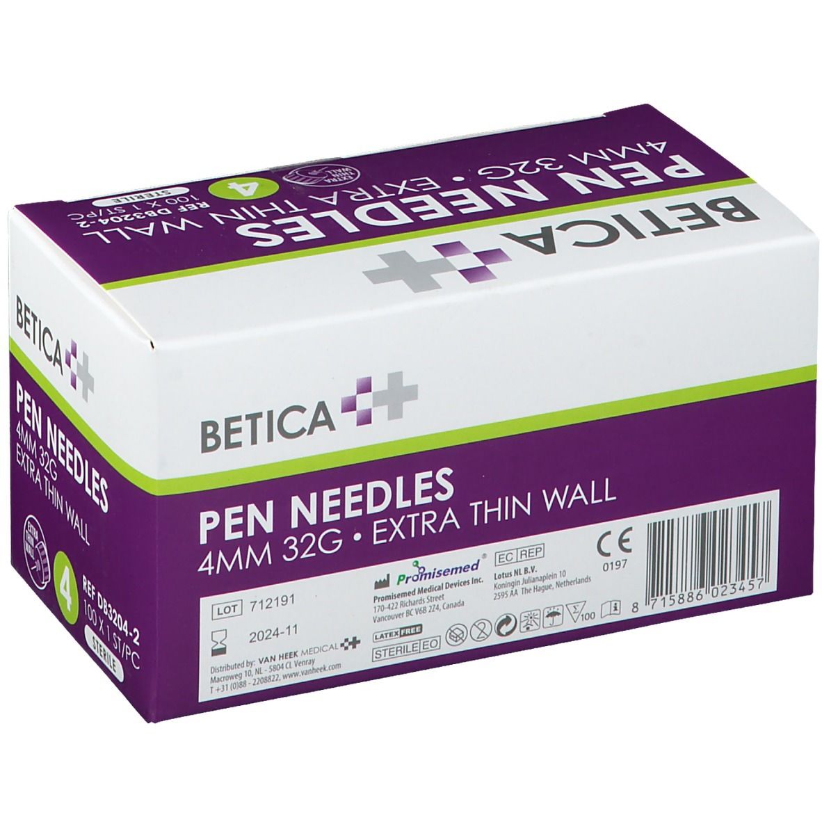 Verpakking Betica Pen Needles, 4 mm, 32 g, extra dunne wand. 4 stuks. Steriel. CE-markering.