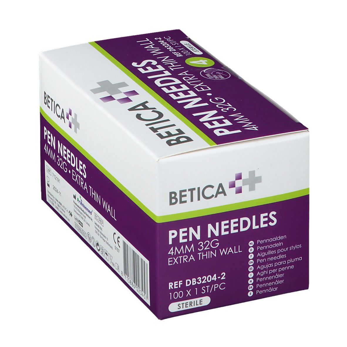 Verpakking Betica Pen Needles, 4 mm, 32 g, extra dunne wand. 4 stuks. Steriel.