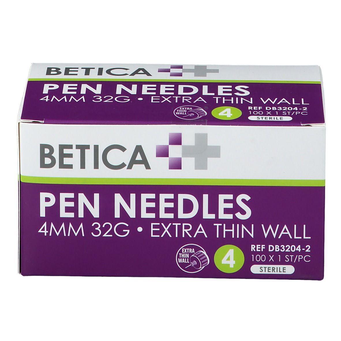 Verpakking Betica Pen Needles, 4 mm, 32 g, extra dunne wand. 4 stuks. Steriel.