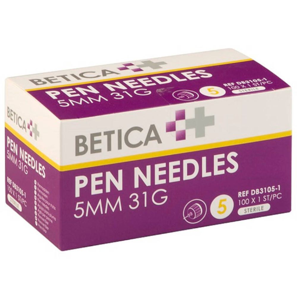 Boîte de Pen Needles Betica, 5 mm 31G. Emballage violet et blanc avec informations produit.