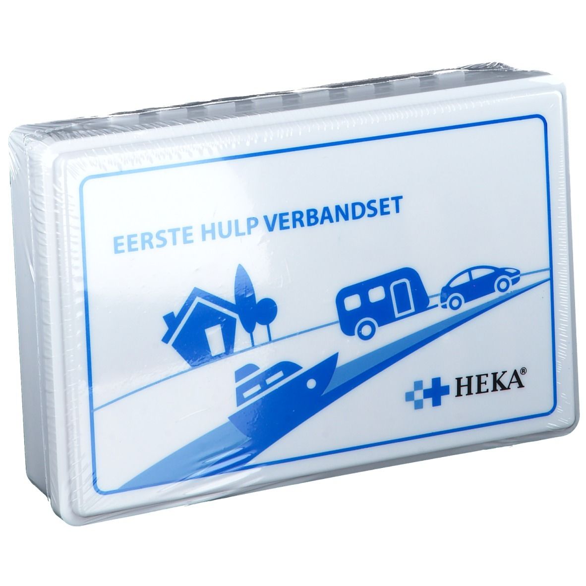Witte EHBO-verbanddoos met blauw logo en tekst. Merk: Heka.