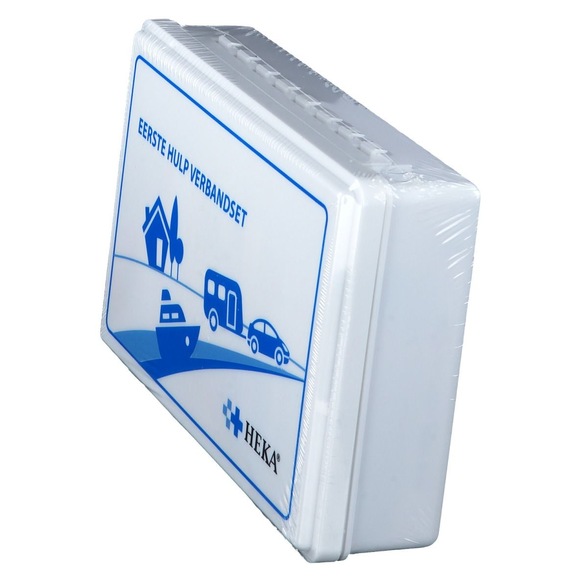 Witte EHBO-doos, schuin van de zijkant gezien. Met blauw logo en tekst. Merk: Heka.