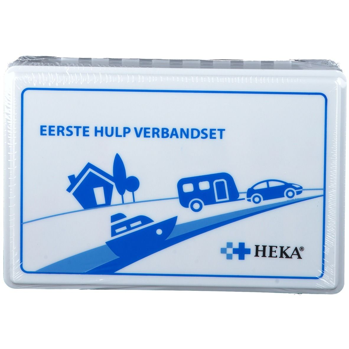 Witte EHBO-verbanddoos met blauw logo en tekst. Merk: Heka.