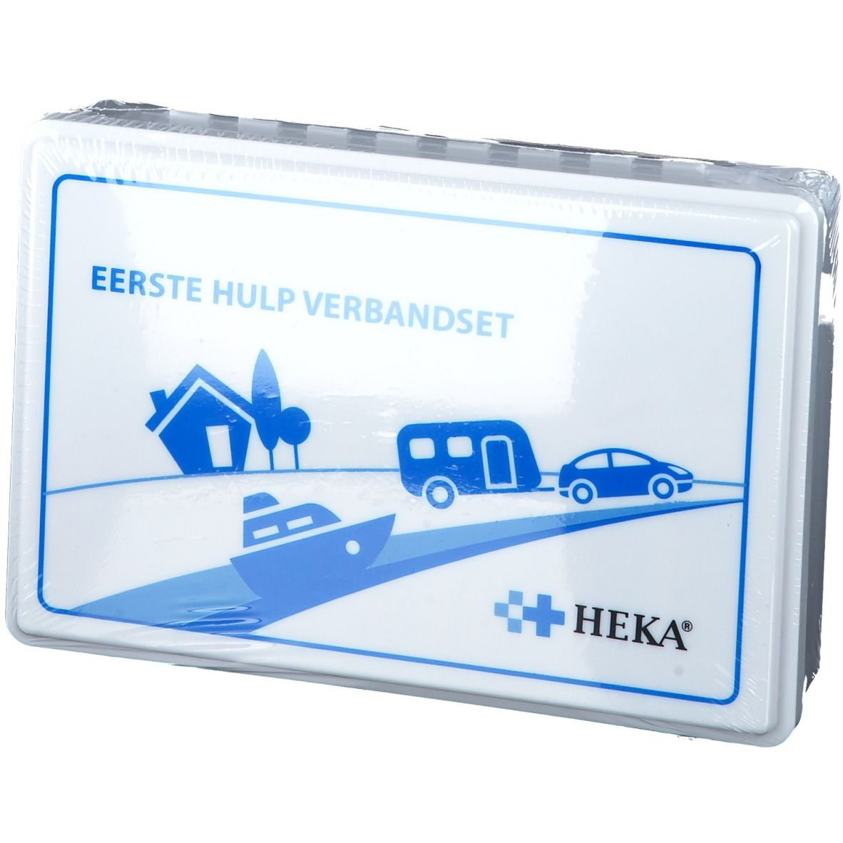 Witte EHBO-verbanddoos met blauw logo en tekst. Merk: Heka.