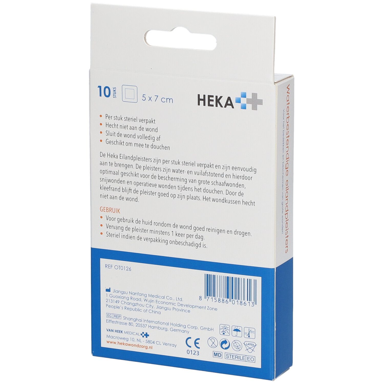 Dos de la boîte HEKA. Texte : Waterbestendige eilandpleisters. Informations d'utilisation et fabricant.