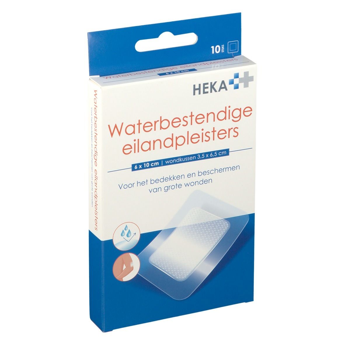 Boîte de pansements. Inscription: Waterbestendige eilandpleisters. Dimensions: 6x10 cm. Marque: HEKA.