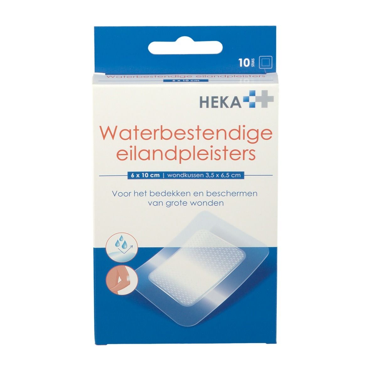 Boîte de pansements. Inscription: Waterbestendige eilandpleisters. Dimensions: 6x10 cm. Marque: HEKA.