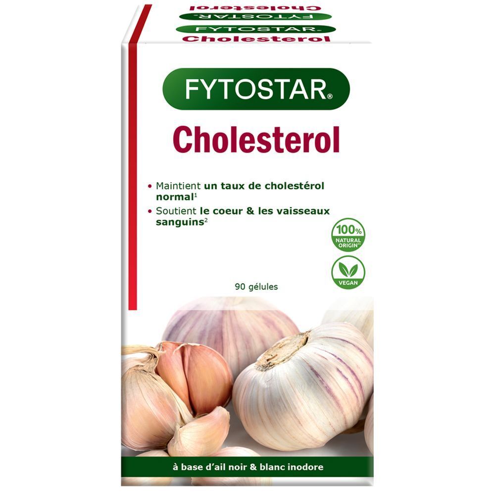 Fytostar Cholesterin-Verpackung. Enthält 90 Kapseln. Mit Logo, Produktname und Angaben zur Wirkung. Vegan-Siegel.