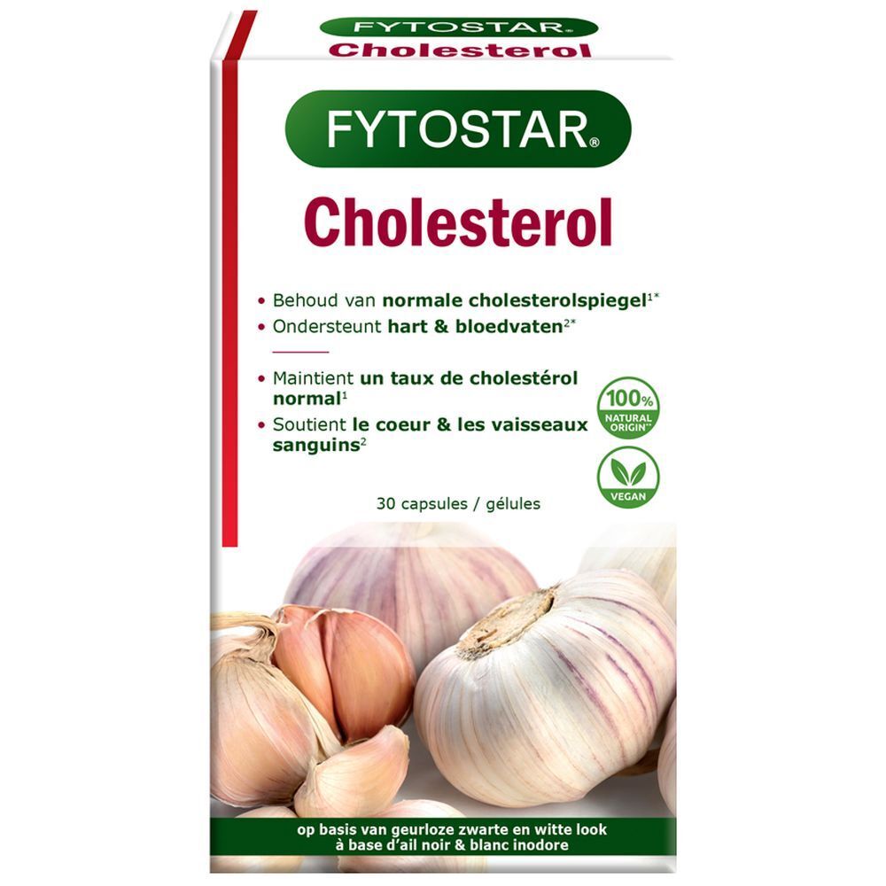 Verpakking FYTOSTAR Cholesterol. Bevat 30 capsules. Afbeelding met knoflook en vermeldingen 'natuurlijke oorsprong' en 'vegan'.