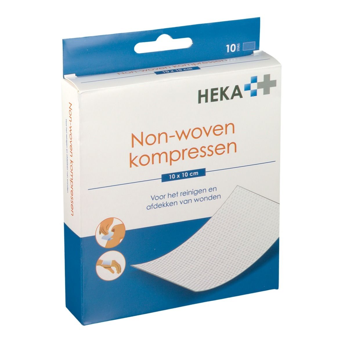 Verpakking HEKA Non-woven kompressen. 10x10 cm. 10 stuks. Opschrift: Voor het reinigen en afdekken van wonden.