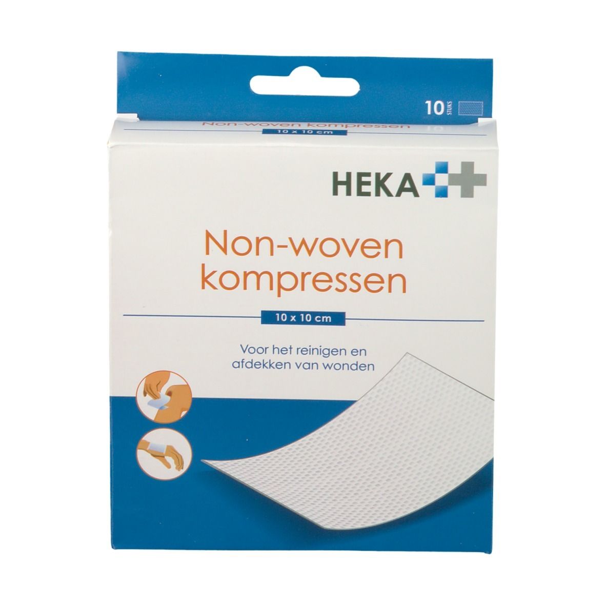 Verpakking HEKA Non-woven kompressen. 10x10 cm. 10 stuks. Opschrift: Voor het reinigen en afdekken van wonden.