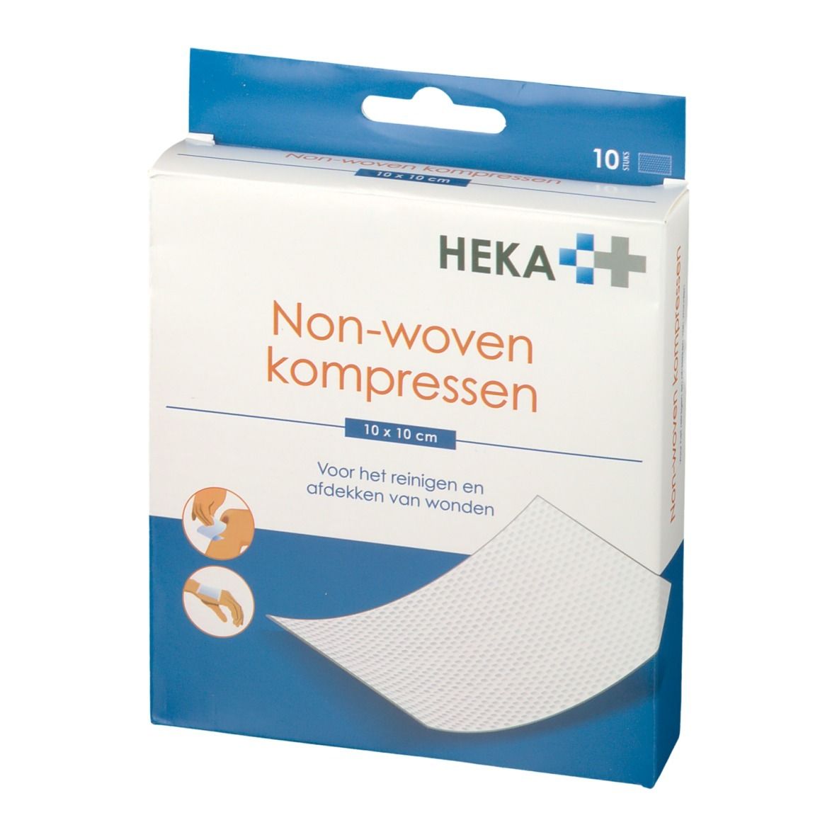 Verpakking HEKA Non-woven kompressen. 10x10 cm. 10 stuks. Opschrift: Voor het reinigen en afdekken van wonden.
