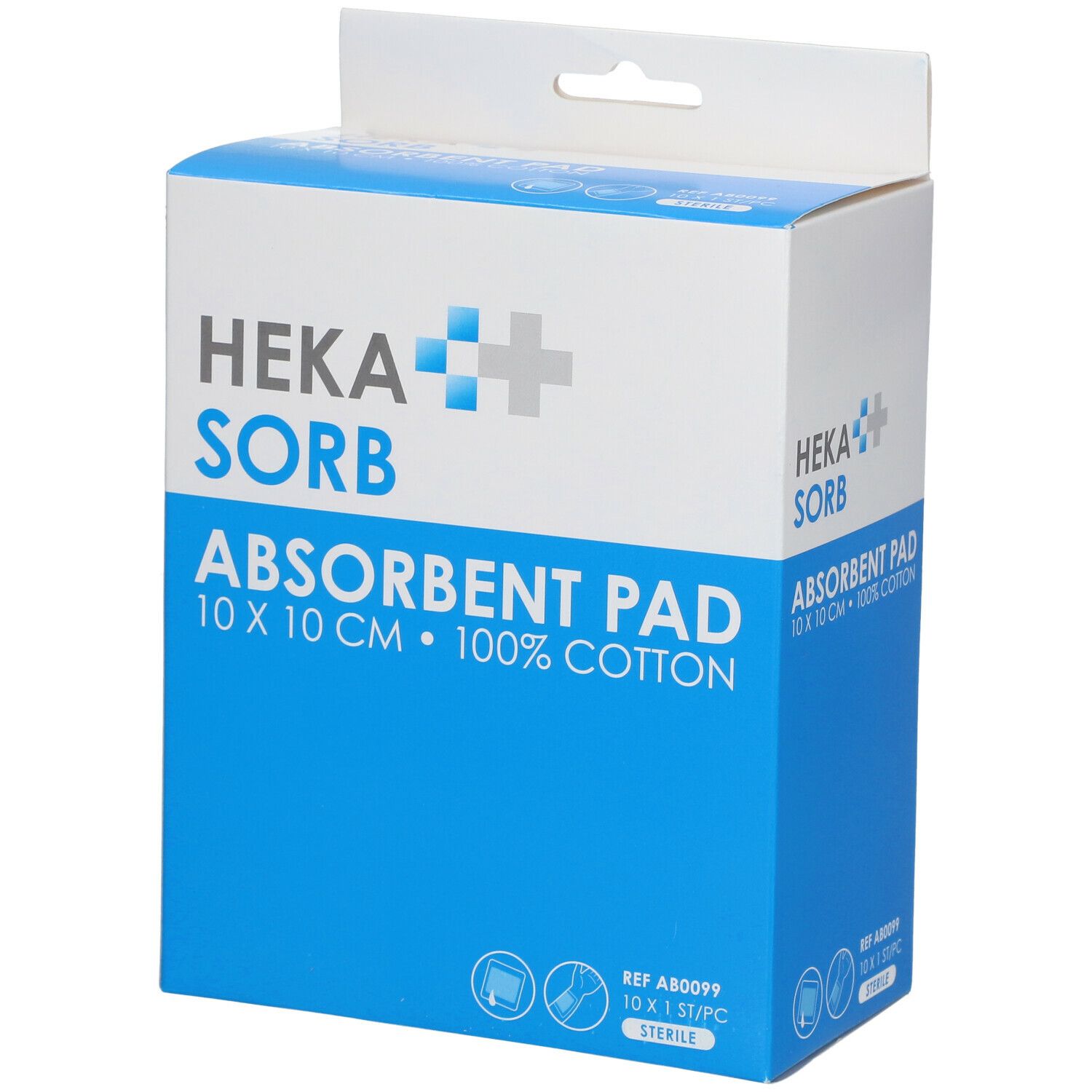 Compresse absorbante Heka Sorb 10x10cm, 100% coton. Boîte avec informations produit et logo.