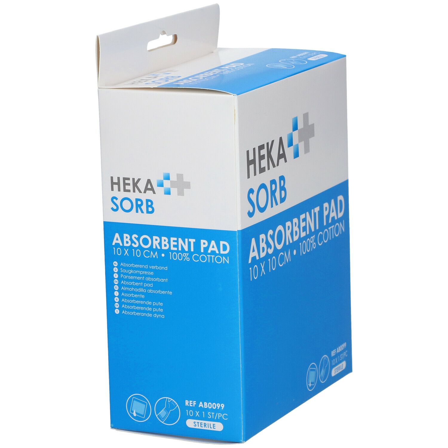 Compresse absorbante Heka Sorb 10x10cm, 100% coton. Boîte en biais avec informations produit.
