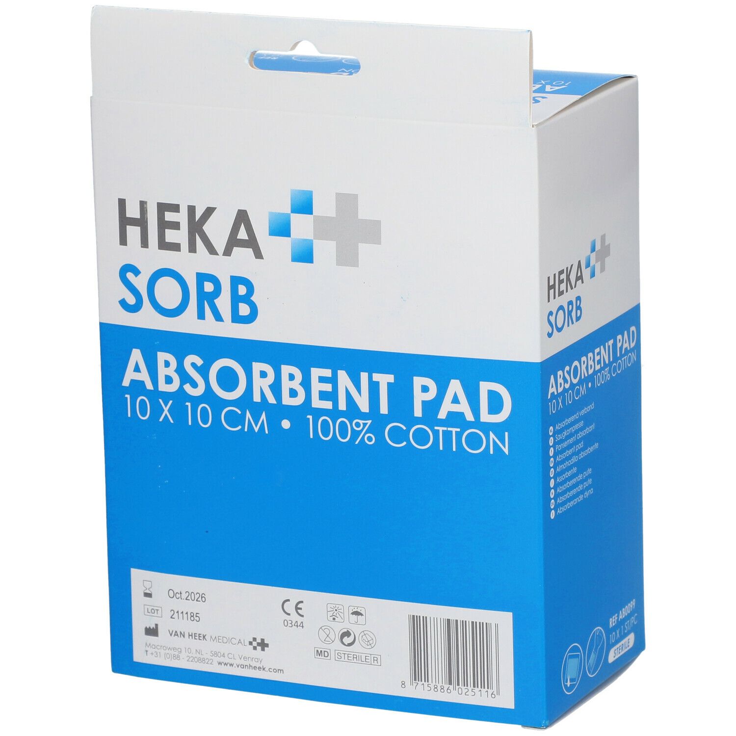 Compresse absorbante Heka Sorb 10x10cm, 100% coton. Boîte avec marquage CE et date de péremption.