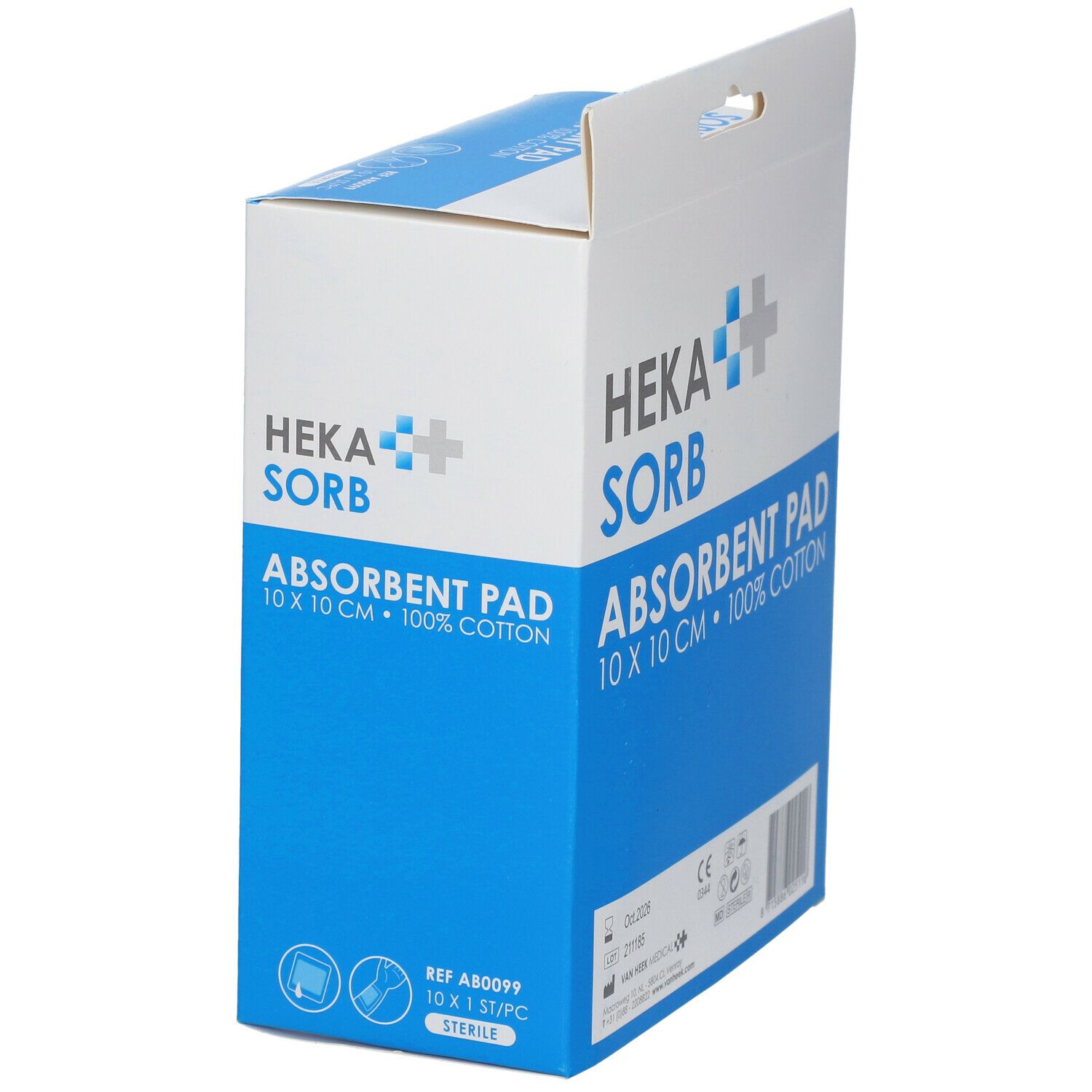 Compresse absorbante Heka Sorb 10x10cm, 100% coton. Boîte en biais, partiellement ouverte.