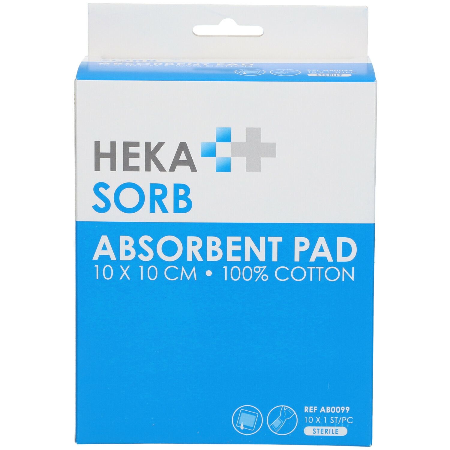 Compresse absorbante Heka Sorb 10x10cm, 100% coton. Boîte avec logo et informations produit.