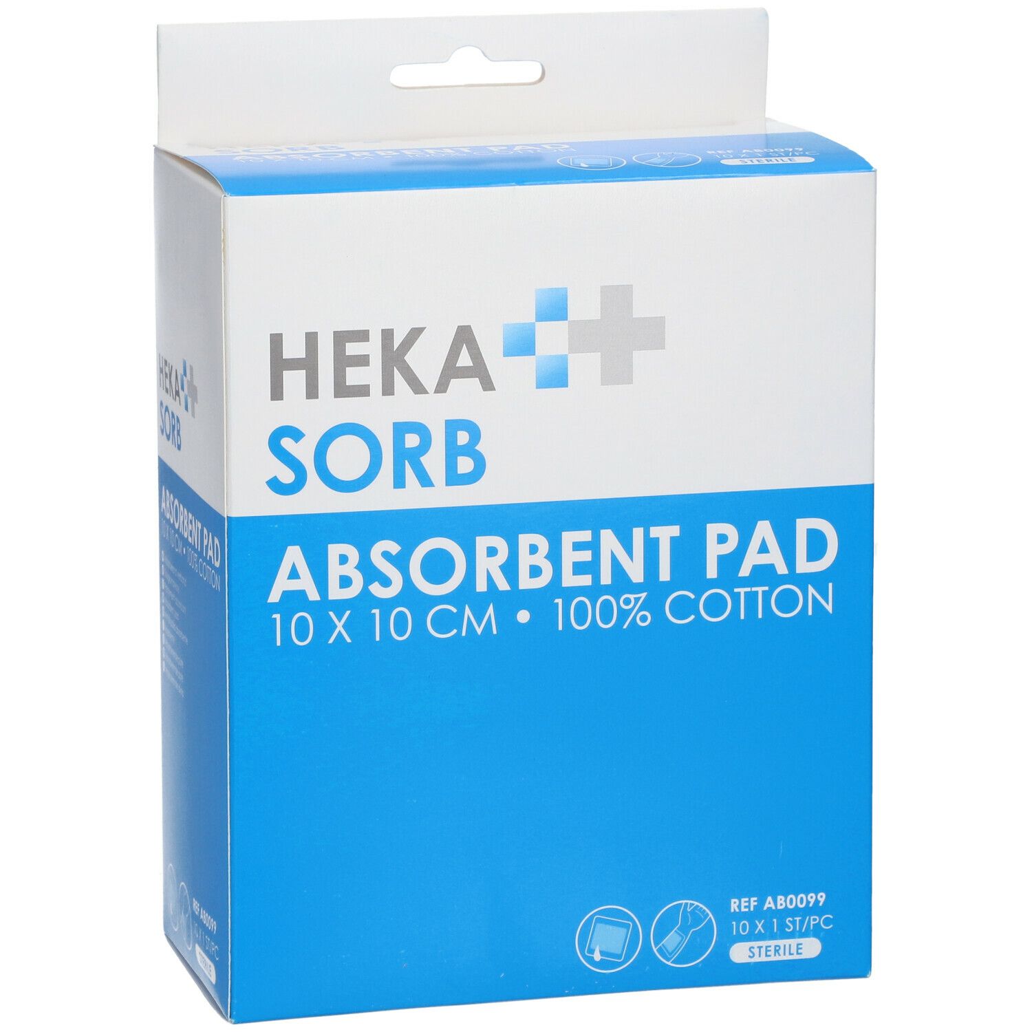 Compresse absorbante Heka Sorb 10x10cm, 100% coton. Boîte avec logo et détails du produit.
