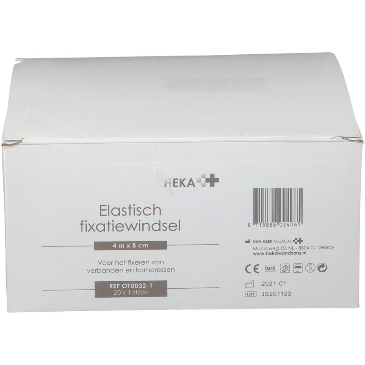Witte kartonnen verpakking. Opschrift: Elastisch fixatiewindsel, 4mx8cm. Logo en barcode.