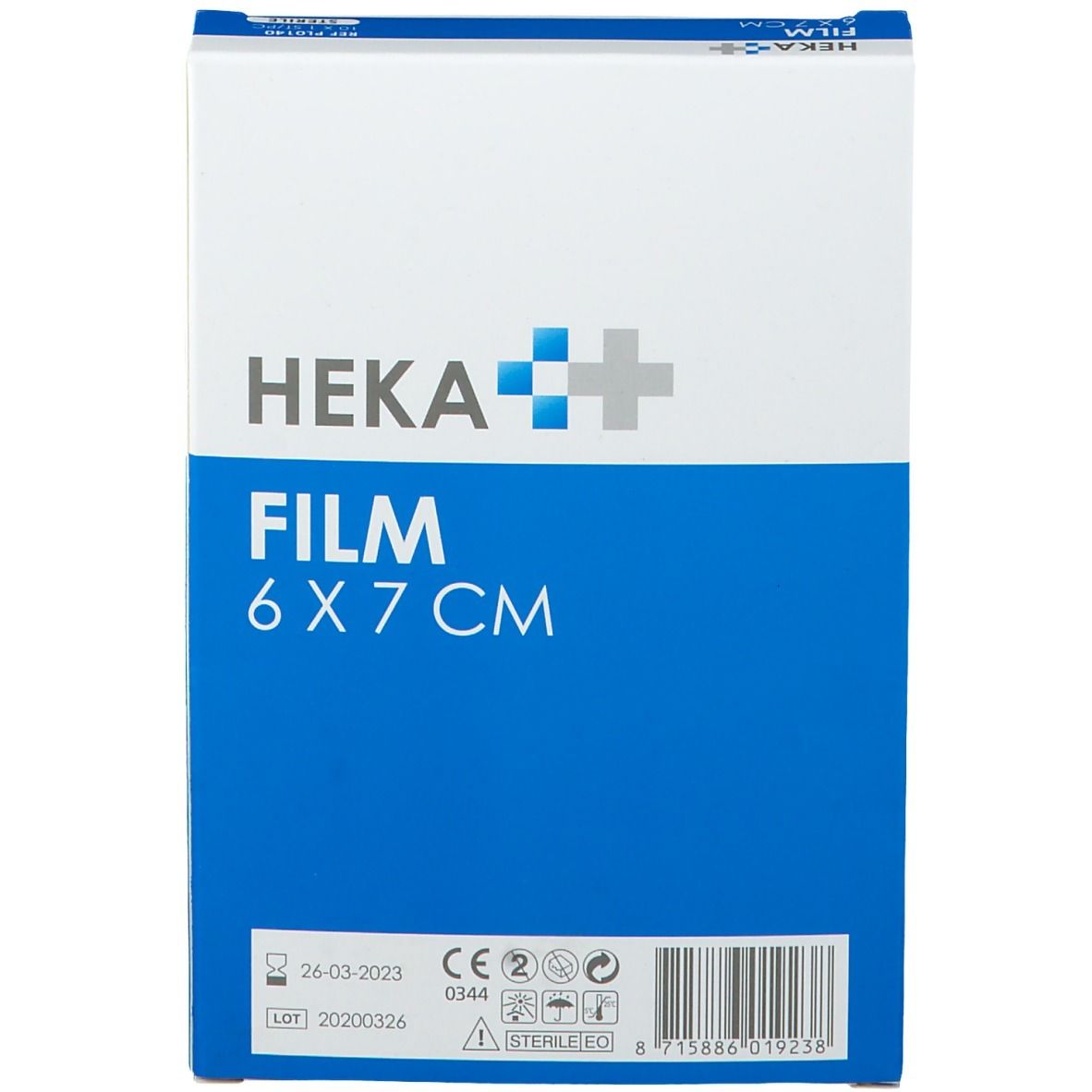HEKA-FILM 6 x 7 cm. Witte en blauwe verpakking. Productnaam en afmeting zichtbaar. Steriel. CE-markering.