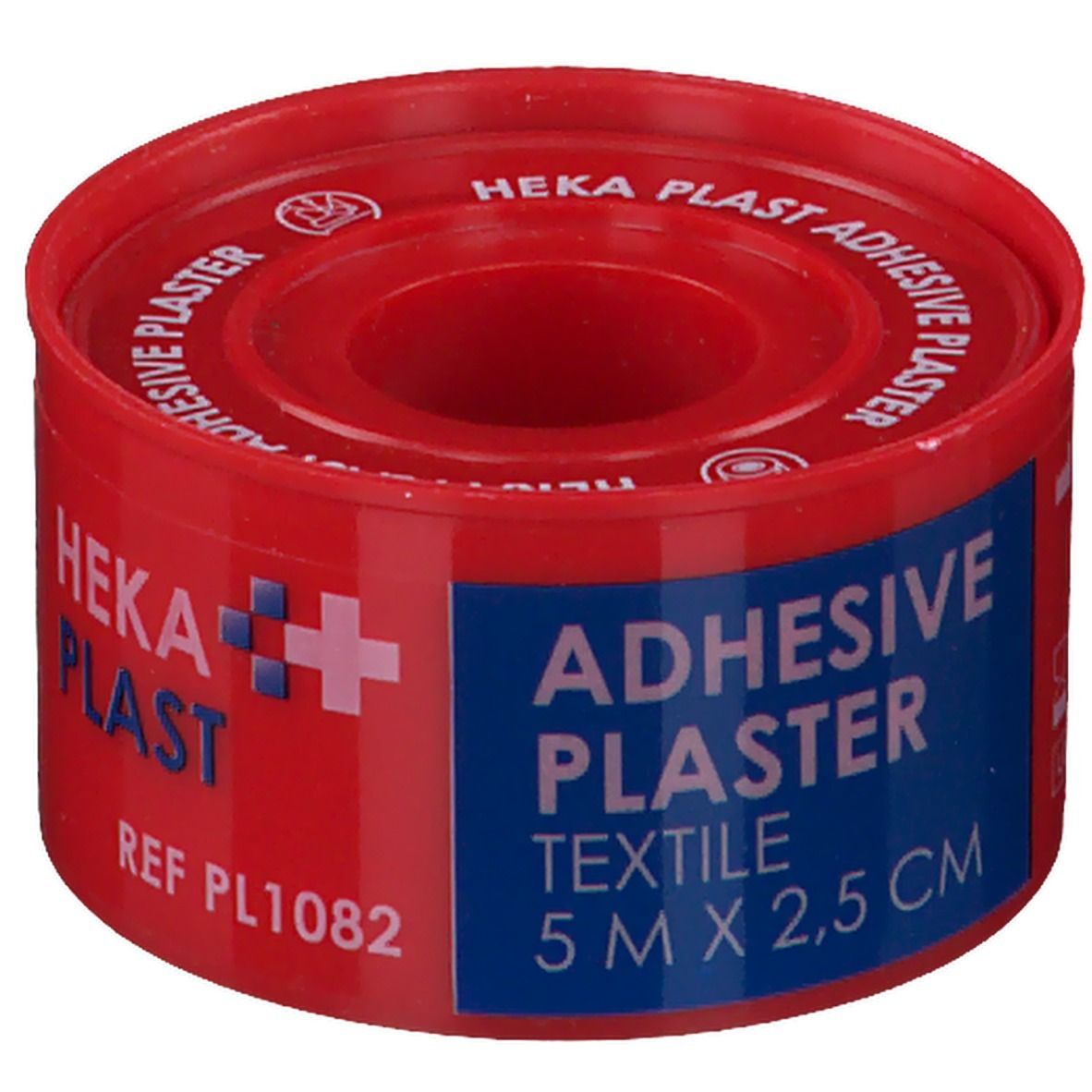 Rode rol pleister met blauwe tekst. Tekst: ADHESIVE PLASTER TEXTILE 5 M X 2,5 CM. Merk: Heka Plast.