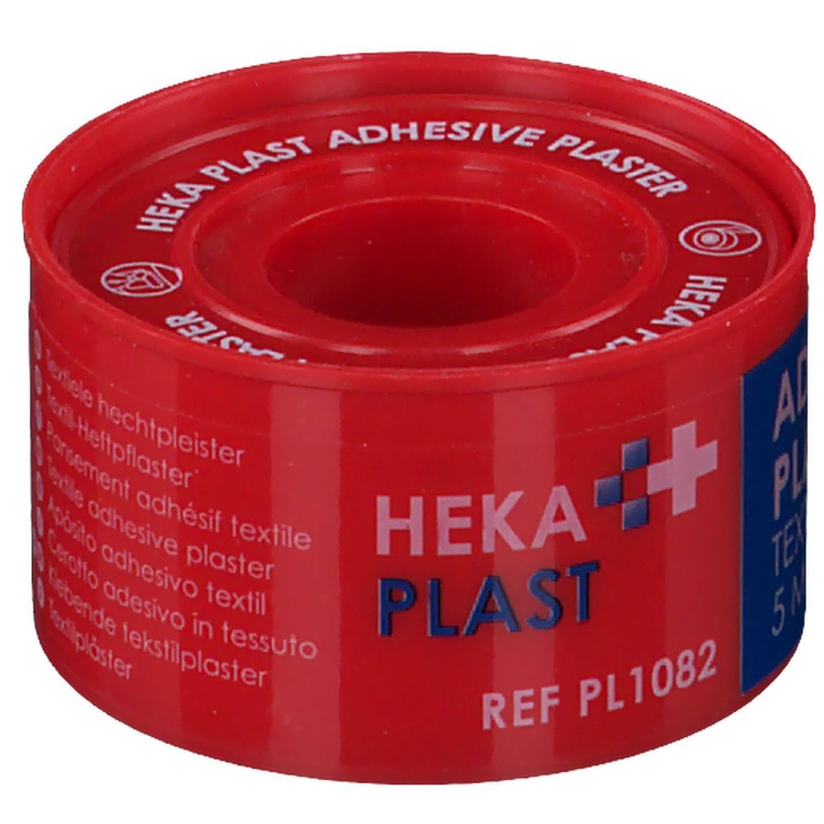 Rode rol pleister met blauwe tekst. Tekst: ADHESIVE PLASTER TEXTILE 5 M X 2,5 CM. Merk: Heka Plast.