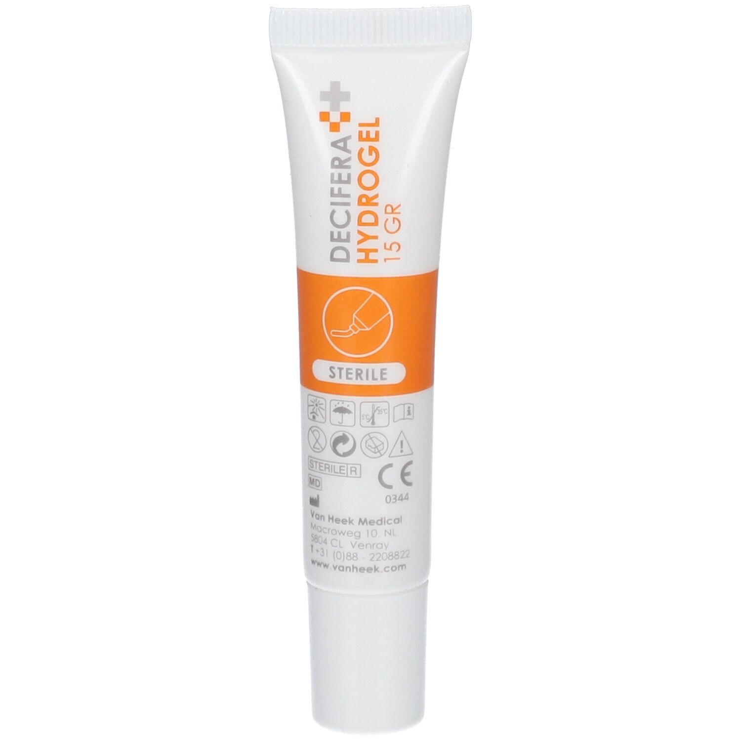 Witte tube met DECIFERA Hydrogel 15 GR. Oranje streep en logo's. Steriel en CE-markering.