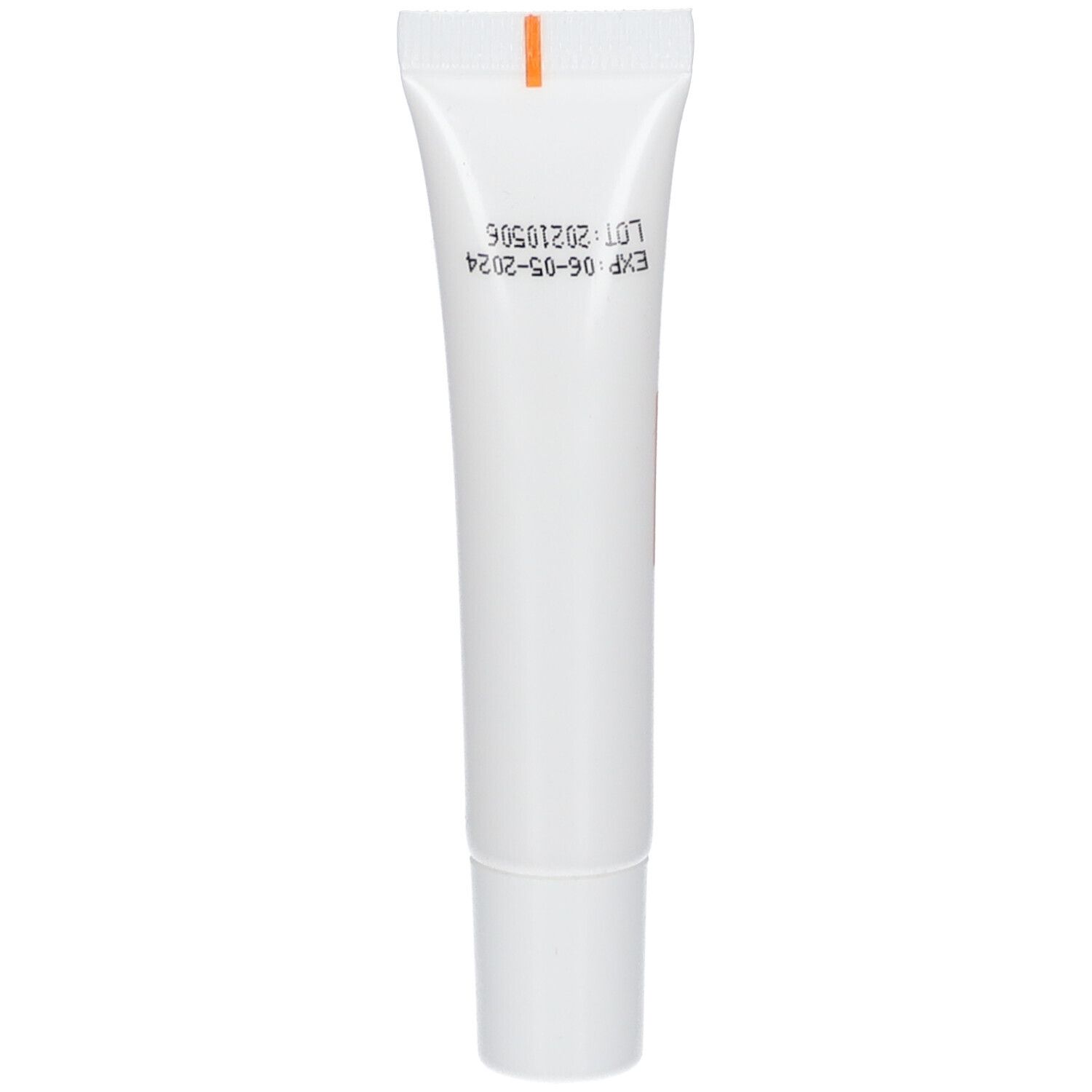 Achterkant van een witte tube. Bedrukking met vervaldatum en lotnummer.
