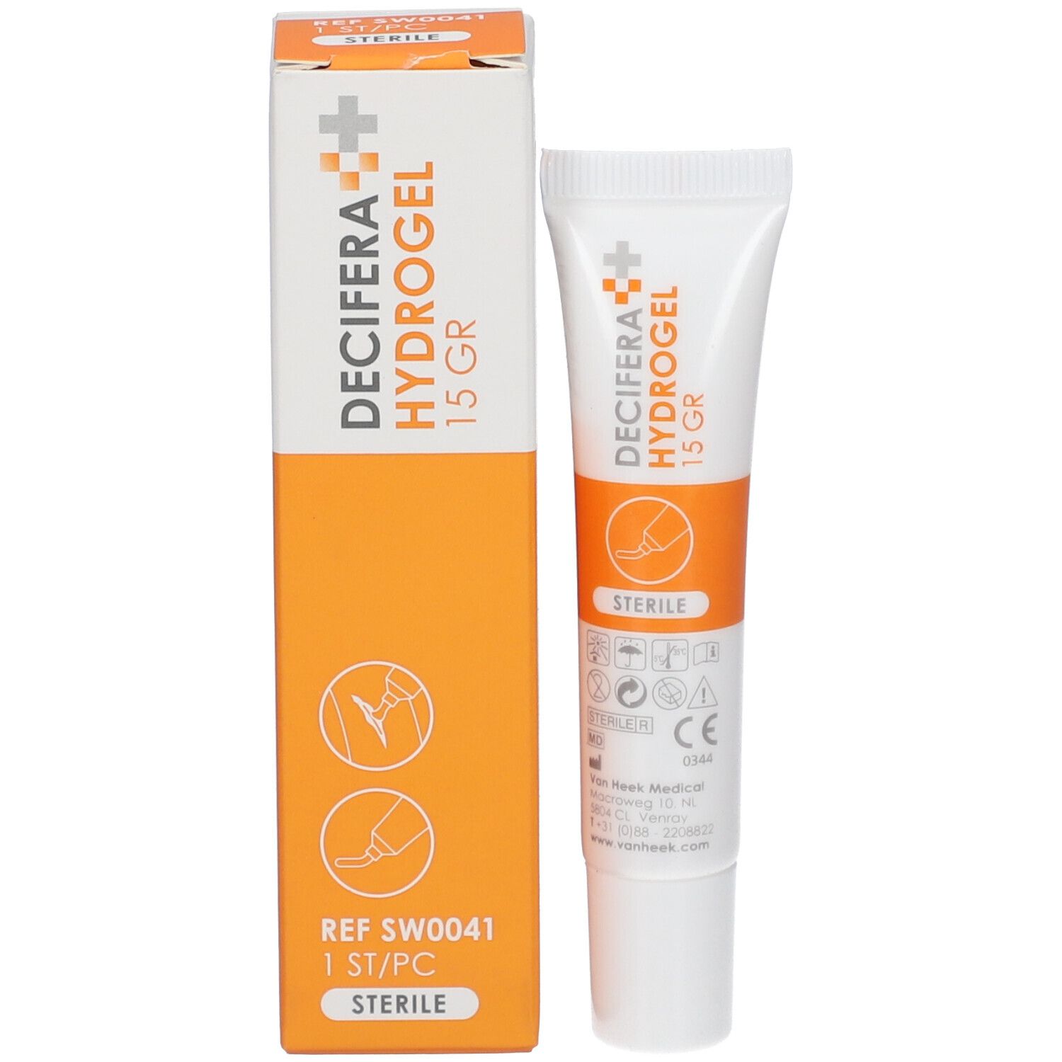 DECIFERA Hydrogel tube en verpakking. Tube en doos met logo's, tekst en oranje elementen. Steriel.