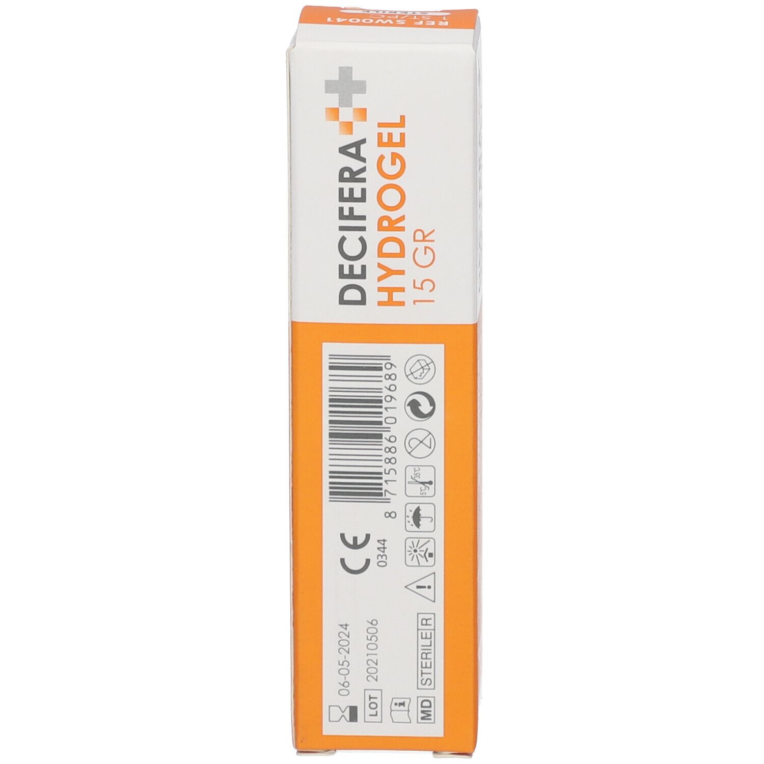 Verpakking van DECIFERA Hydrogel. Zijkant met CE-markering, vervaldatum, lotnummer en barcode.