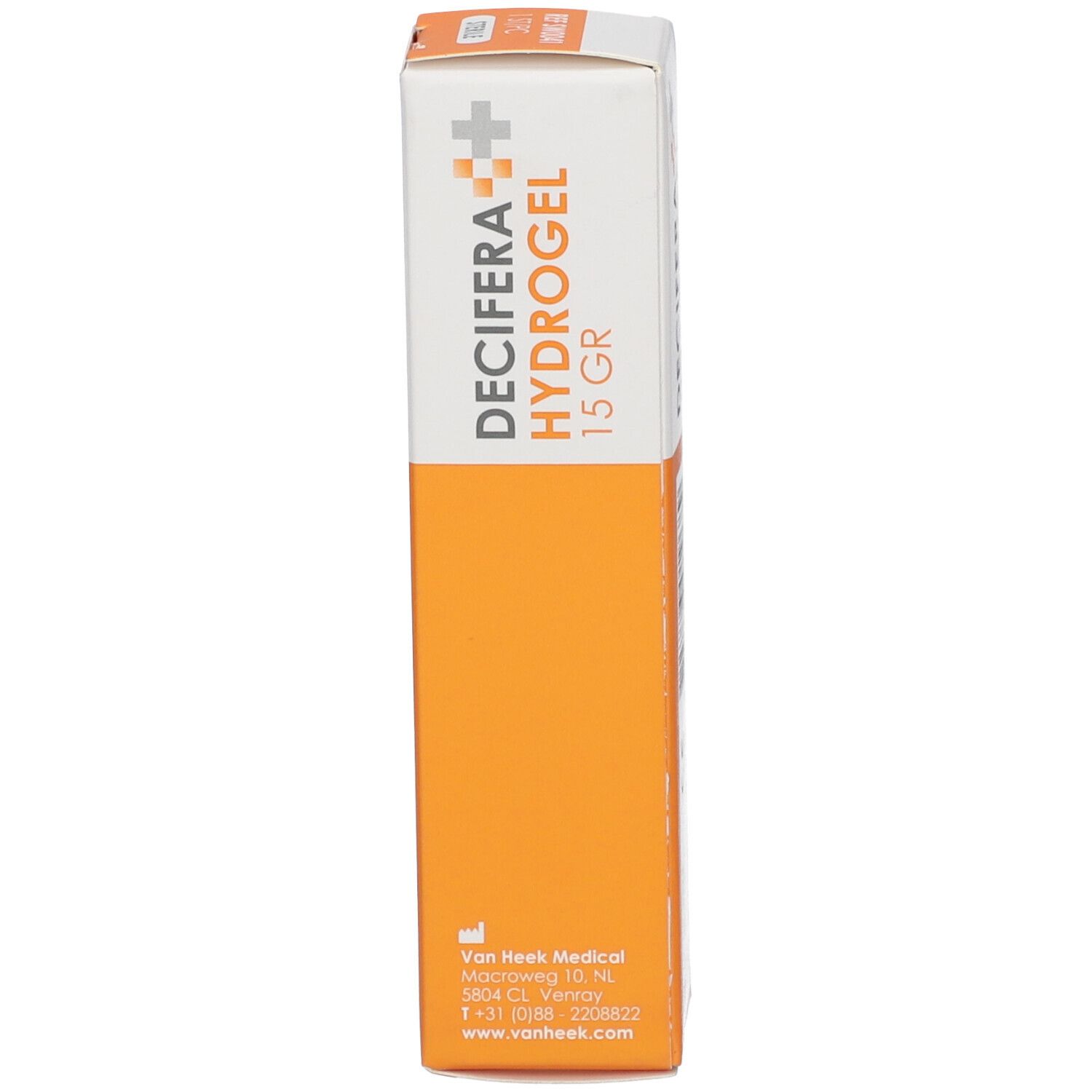 Verpakking van DECIFERA Hydrogel. Zijkant met contactgegevens van de fabrikant.