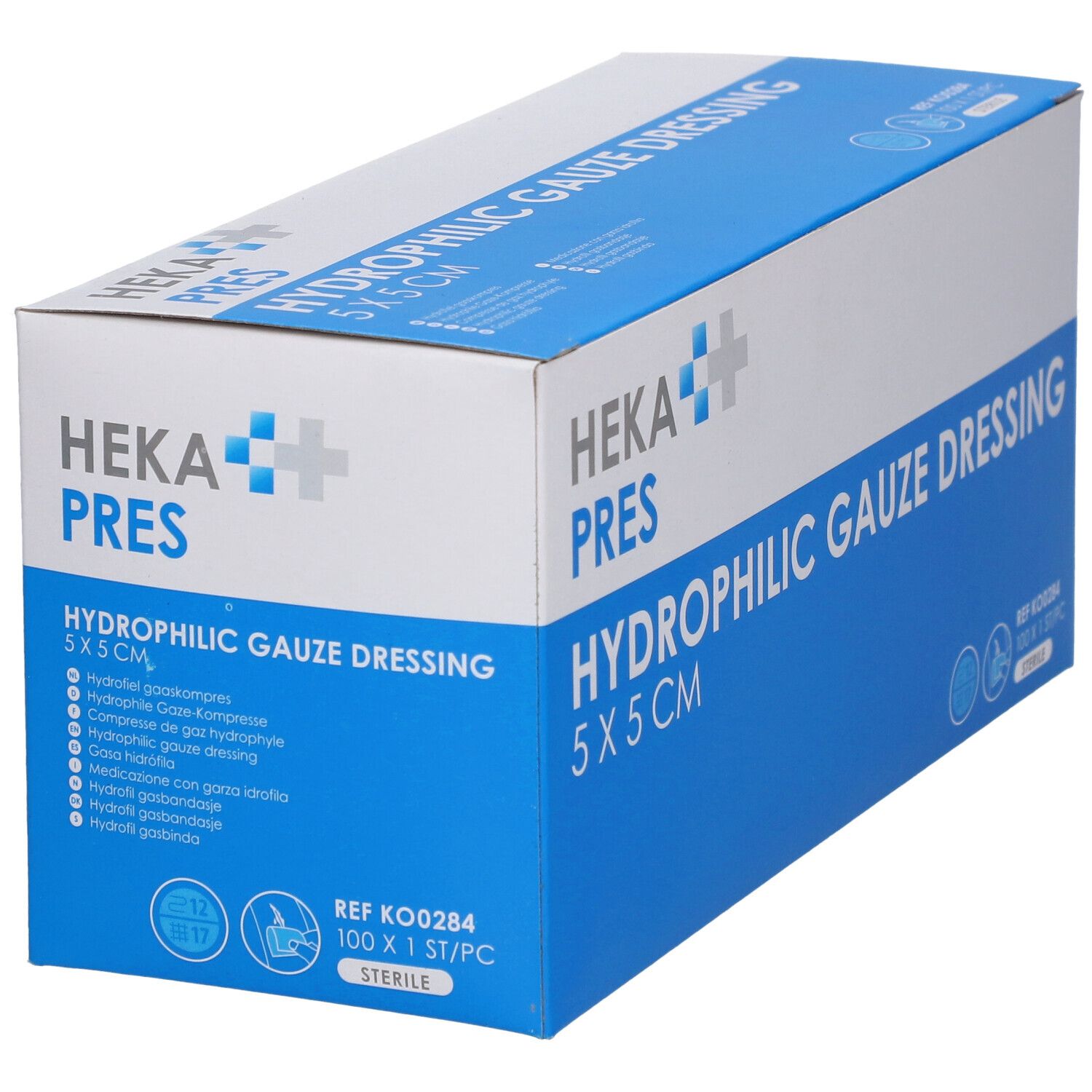Doos HEKA PRES Hydrophile Gaze Dressing 5 x 5 cm. Blauw-witte verpakking met productnaam en logo.