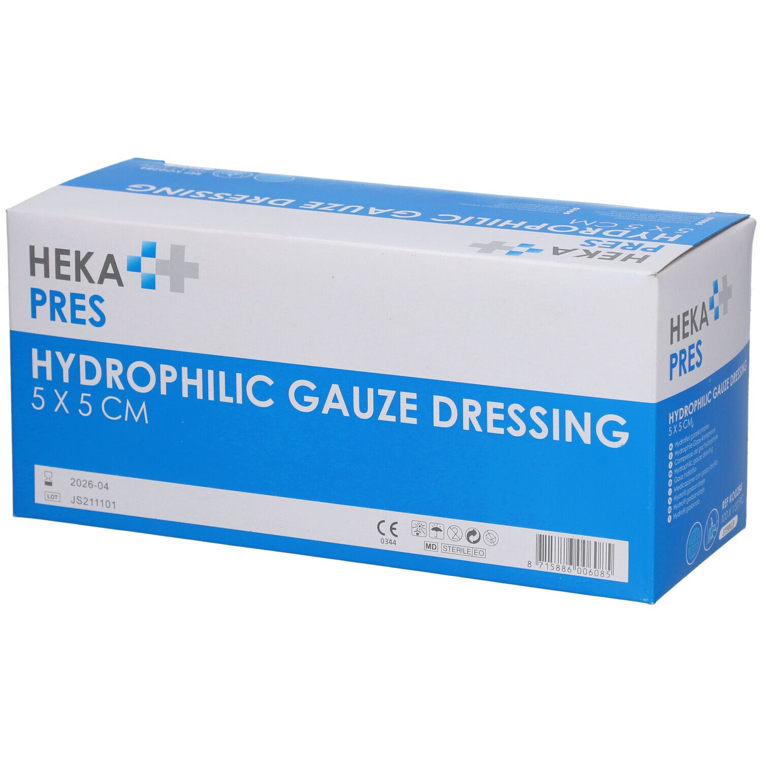 Verpakking van HEKA PRES Hydrophile Gaze Dressing 5 x 5 cm. Blauw-witte doos met productinformatie en logo.