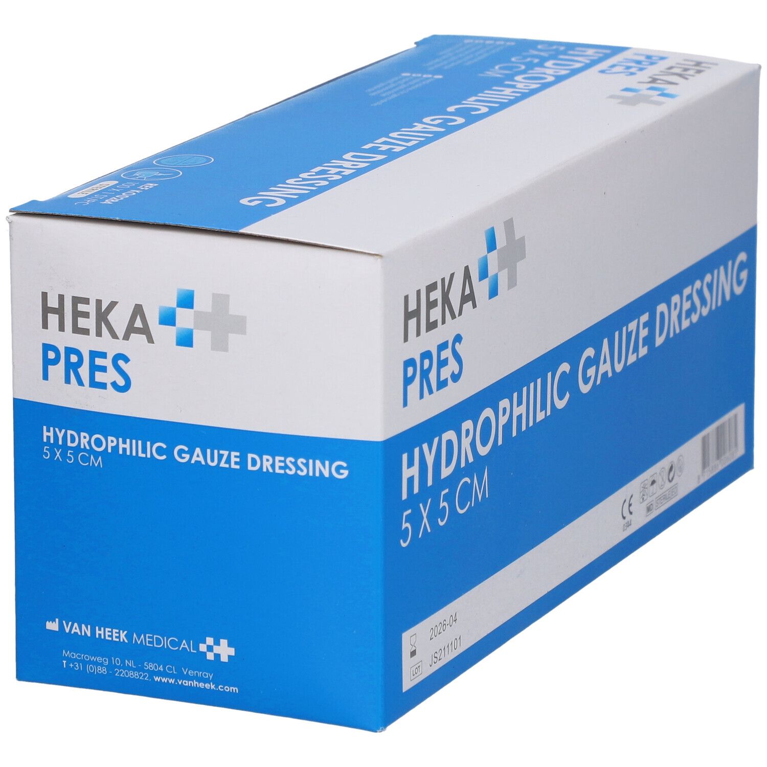 Doos HEKA PRES Hydrophile Gaze Dressing 5 x 5 cm. Blauw-witte verpakking met productnaam en logo.