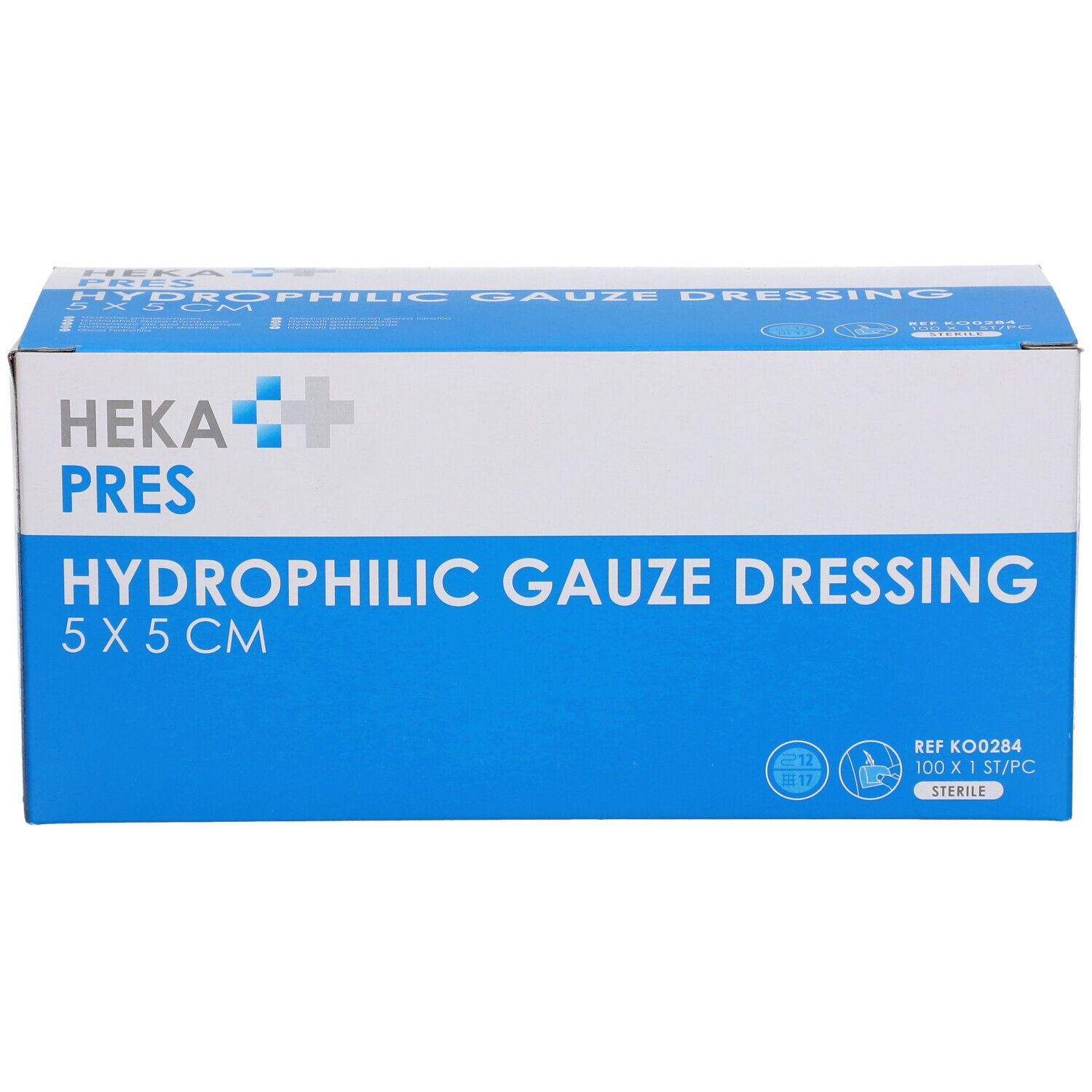Verpakking van HEKA PRES Hydrophile Gaze Dressing 5 x 5 cm. Blauw-witte doos met productinformatie en logo.