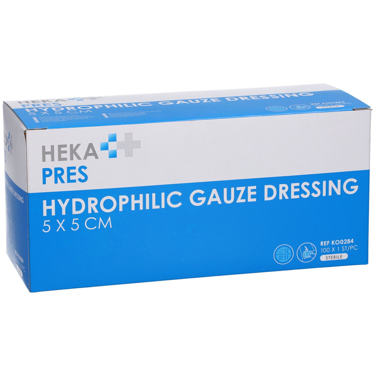 Doos HEKA PRES Hydrophile Gaze Dressing 5 x 5 cm. Blauw-witte verpakking met productnaam en logo.