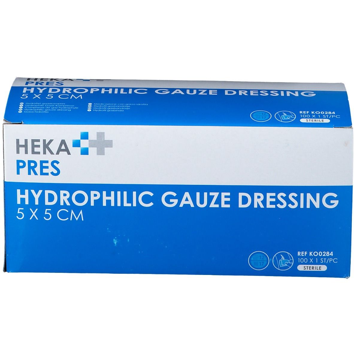 Verpakking van HEKA PRES Hydrophile Gaze Dressing 5 x 5 cm. Blauw-witte doos met productinformatie en logo.